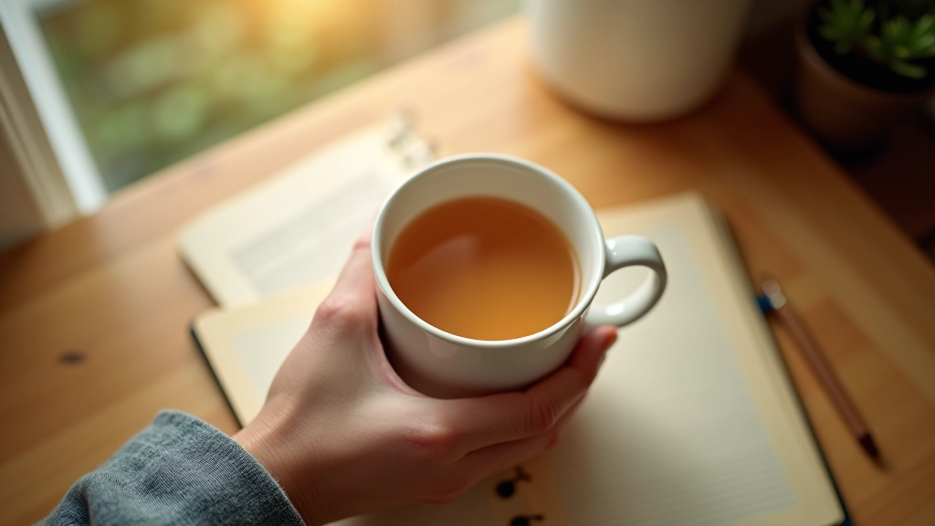 Close-up of hands holding a warm cup of tea, notebook with pen on wooden table surface