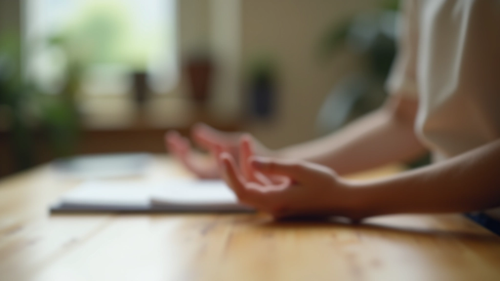 Close-up of person's hands resting on wooden table in calm, meditative pose, soft natural lighting from window, peaceful workspace