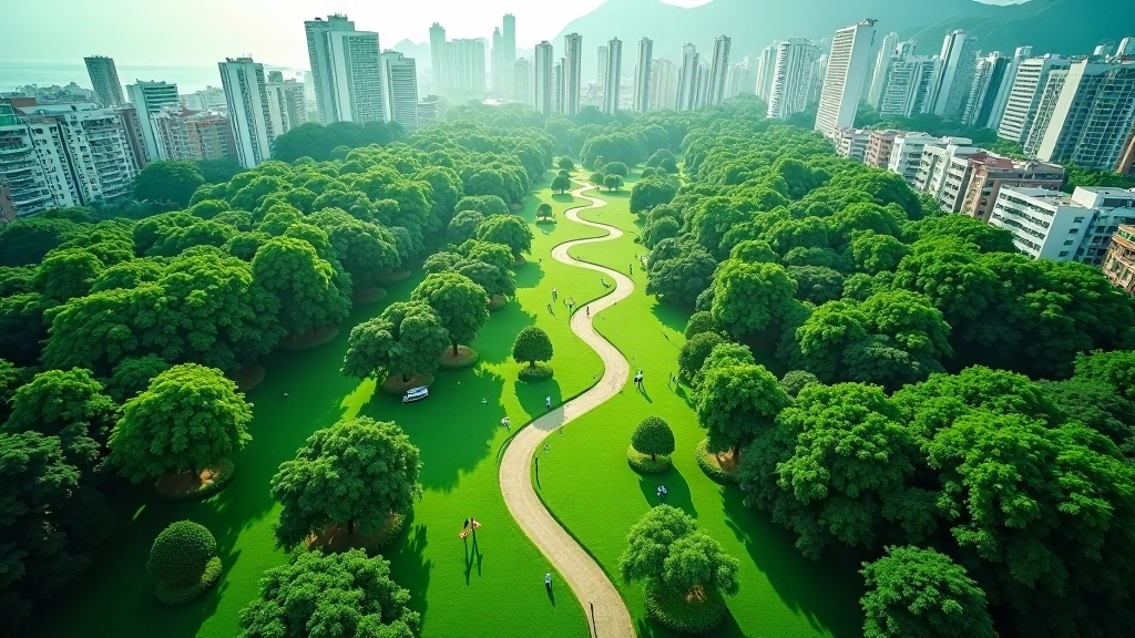 Overhead view of peaceful green park space with trees, walking paths, and natural landscape in urban setting during daytime