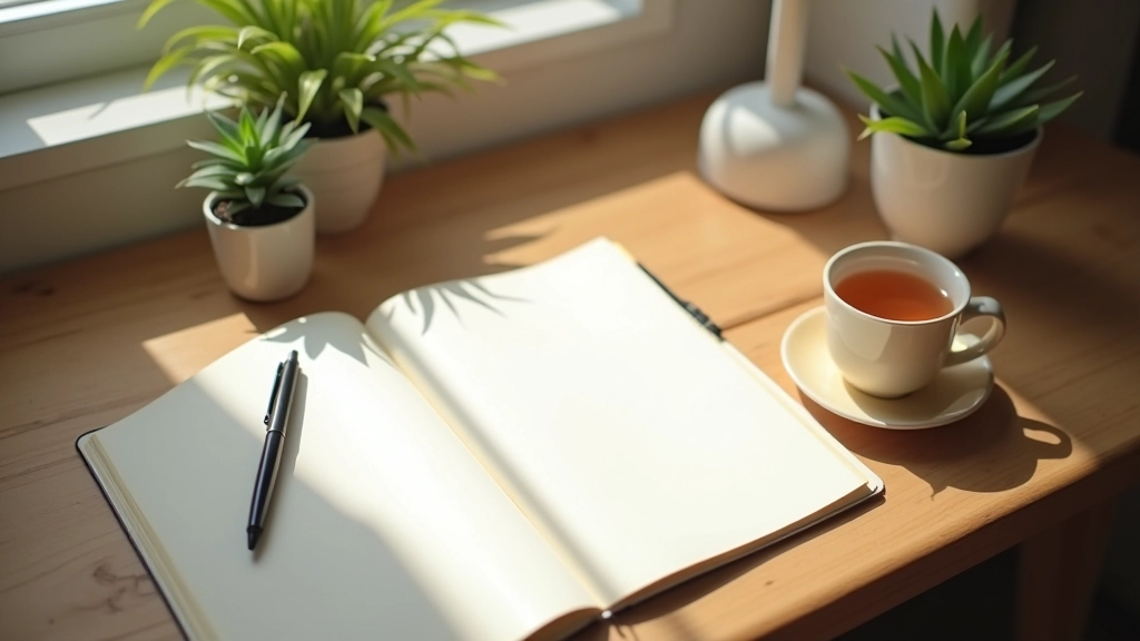 Overhead view of open journal with pen, cup of tea, and plants on wooden desk in natural daylight, calm minimalist workspace