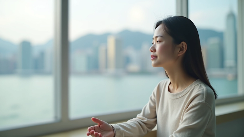 Person sitting peacefully by window with cityscape view of Hong Kong harbor and tall buildings in background, soft morning light