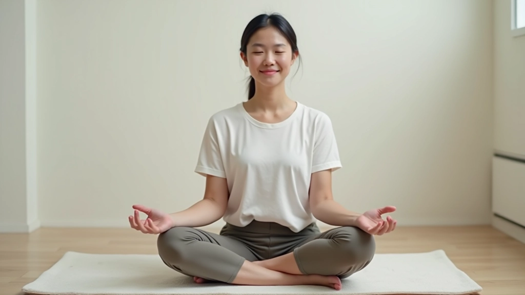 Close-up of person in comfortable seated position on meditation cushion, relaxed shoulders, hands resting gently on knees, peaceful expression, calm room setting