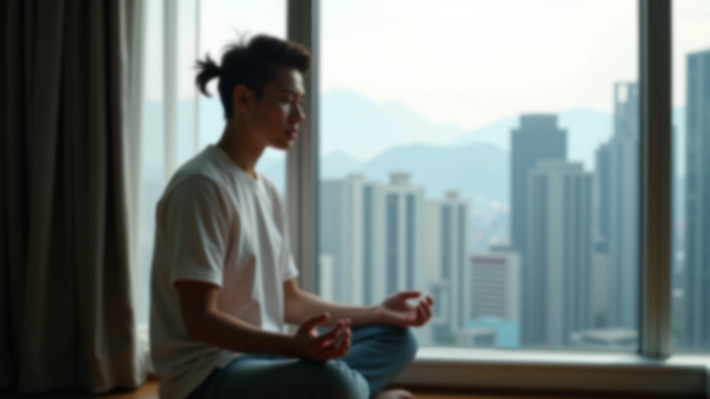 Person sitting peacefully by a window with natural morning light, Hong Kong city view in background, calm expression