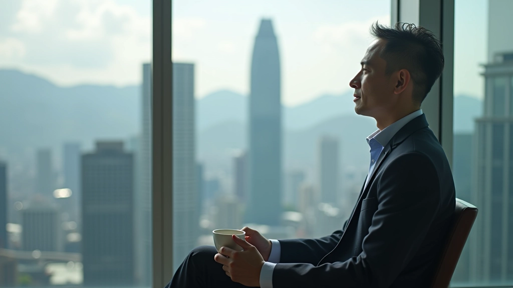 Person sitting at window seat in modern office, looking out thoughtfully at city skyline, holding warm beverage, calm afternoon lighting, serene moment